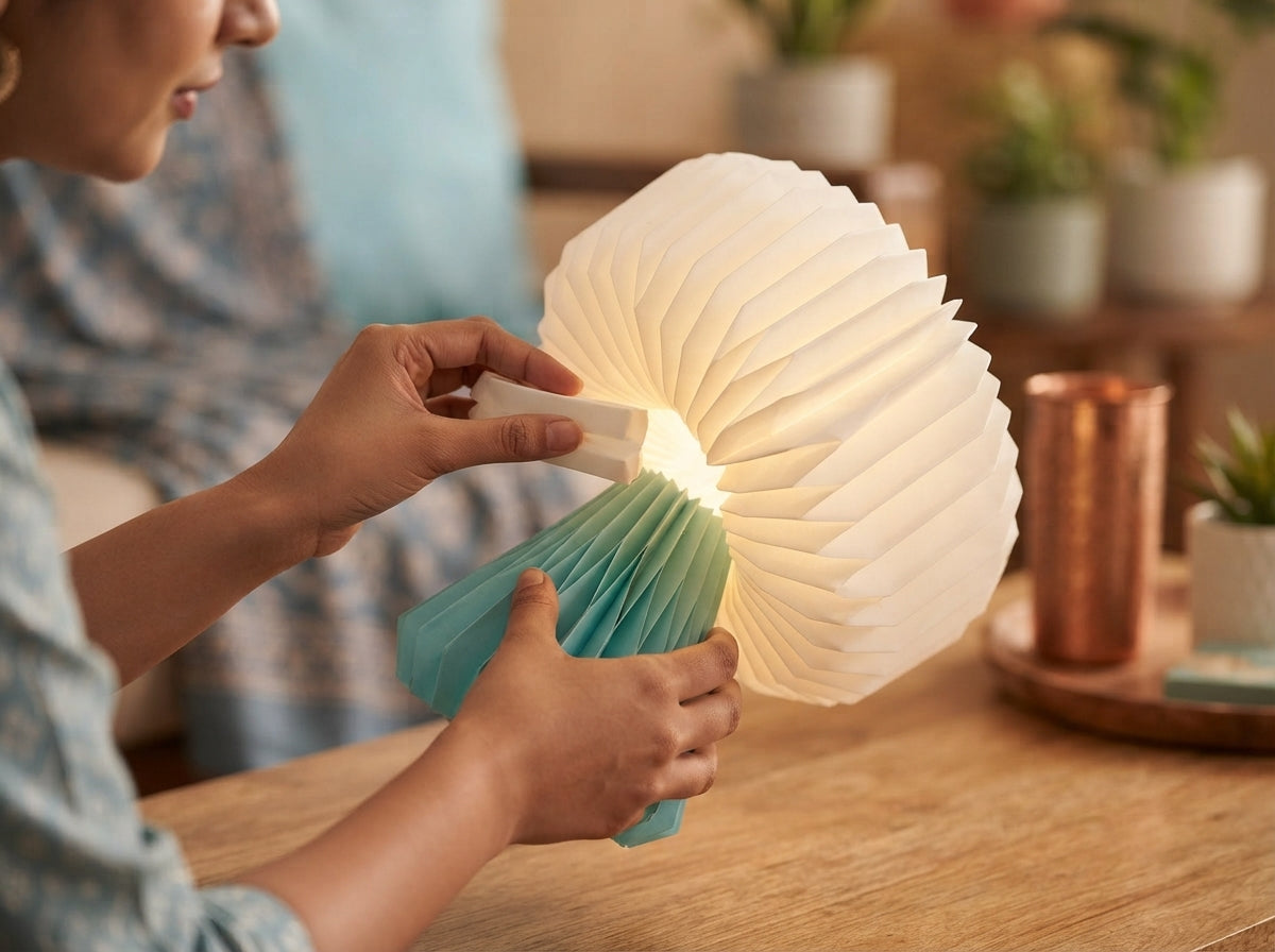 South Asian person assembling a foldable paper lamp into a circular sculptural shape in a naturally lit living room.